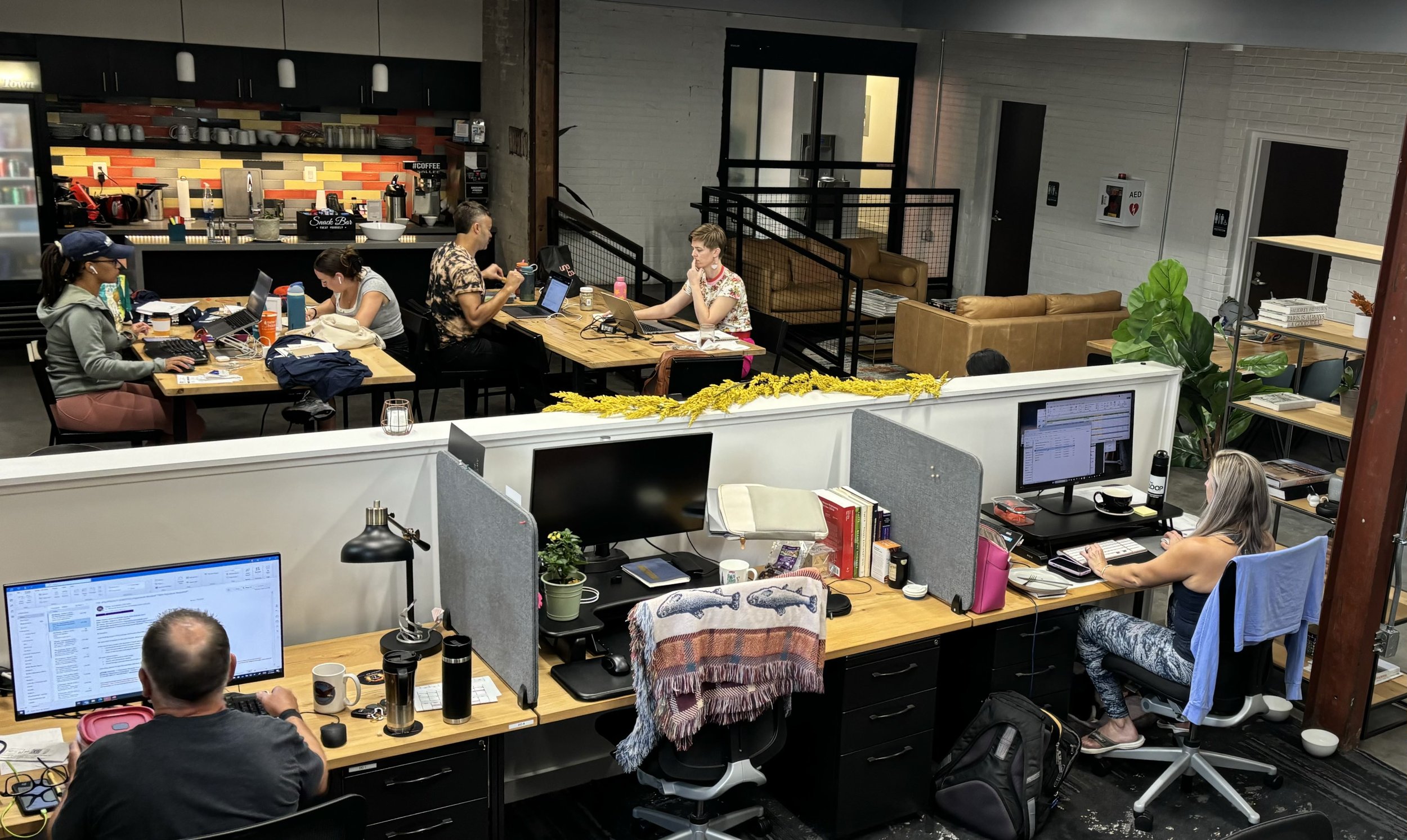 Professionals working in open desks and lounge areas at The Link, available with an Alexandria coworking day pass